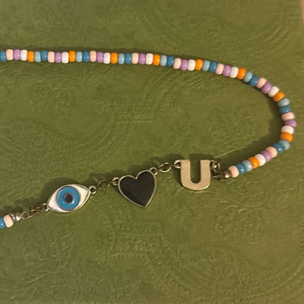 Colorful Beaded necklace with Eye, Heart, and U Charms